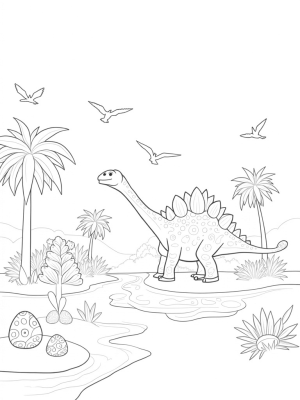 Stegosaurus by a Bubbling Volcano in a Prehistoric Jungle