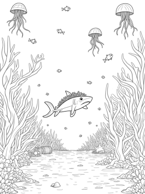 Underwater Garden with a Wise Shark and Colorful Corals