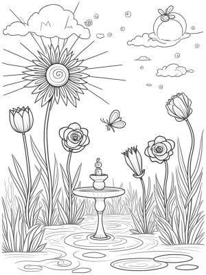 Giant Daisy and Colorful Flowers in a Whimsical Garden