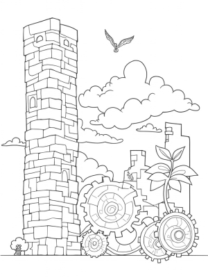 Intricate Stone Wall with Spinning Gears and a Mighty Tree