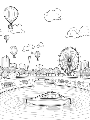 Floating Vintage Cars and Flowerpot Cones in a Whimsical Cityscape