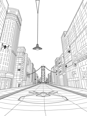 Spider Web Cityscape with Upside-Down Streetlamp