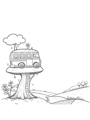 Bus-Shaped Treehouse on a Giant Mushroom