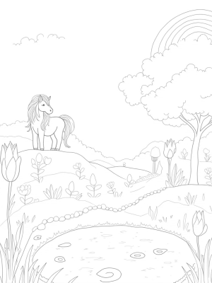 Radiant Pony in a Colorful Meadow with Heart-Shaped Lily Pads
