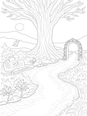 Serene Garden with Enormous Tree and Ancient Scroll