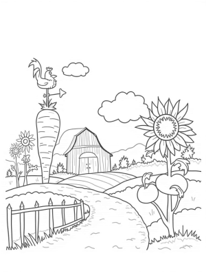 A Colorful Farm with Giant Vegetables and a Spiral Barn