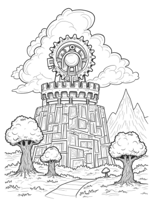 Colossal Gear-Shaped Fortress Surrounded by Spiraling Trees