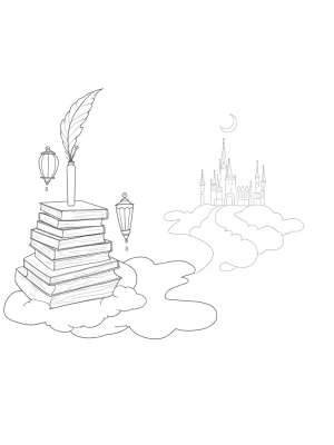 Floating Library with Giant Quill and Magical Lanterns