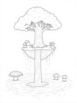 Floating Island with a Towering Tree and Twinkling Waterfall