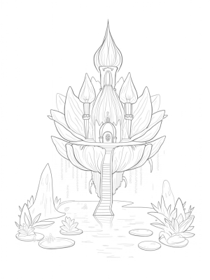 Floating Castle with Crown-Shaped Flowers and Elegant Swans