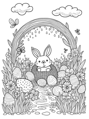 Bunny Nest in a Garden of Colorful Eggs