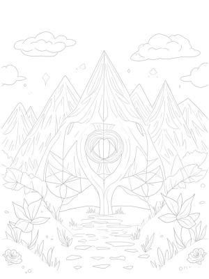 Geometric Mountain Landscape with Triangle Tree and Flowers