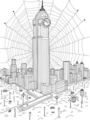 Spider-Themed Cityscape with Clock Tower and Web Patterns