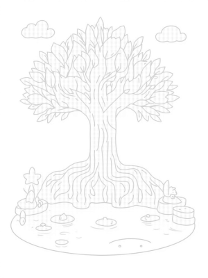 Serene Tree with Spiral Roots and Starry Lily Pads