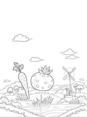 Giant Fruits and Veggies in a Farm Landscape