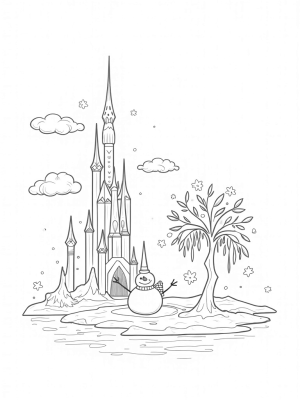 Towering Ice Palace with Snowman and Frozen Pond