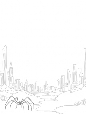 Urban Skyline with Spider Web and Colorful Park