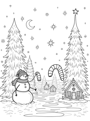 Charming Winter Village with Snowman and Candy Cane