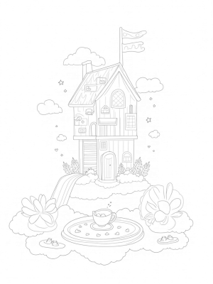 Dream House in the Clouds with Kittens and a Giant Tea Set