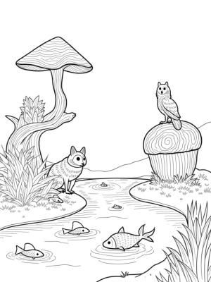 Forest Gathering with Playful Animals and Mushrooms