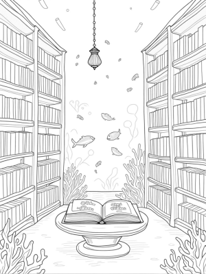 Underwater Library with Coral Shelves and a Shark Lantern