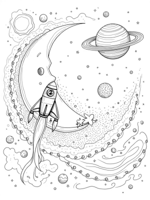 Swirling Galaxy with Crescent Moon and Vintage Rocket Ship