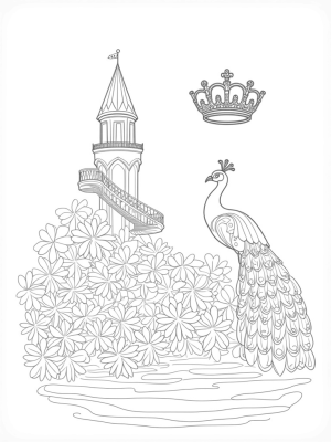 Enchanted Castle Tower with Blooming Flowers and a Peacock