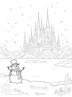 Magical Ice Palace with Snowman and Frozen Lake