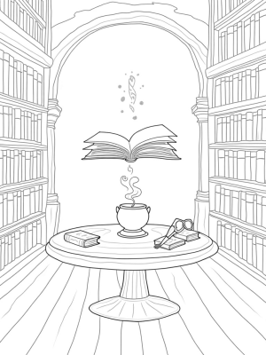 Mystical Library with Floating Book and Cauldron