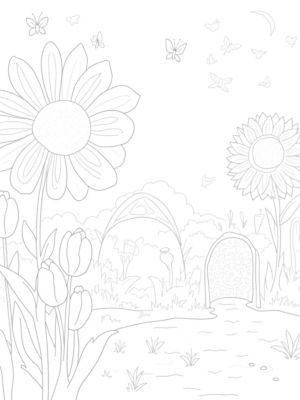 Whimsical Garden with Oversized Flowers and Butterflies