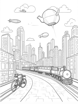 Colorful Cityscape with Airships and a Rainbow River