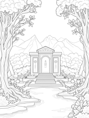 Tranquil Garden with Radiant Fruits and Stone Altar