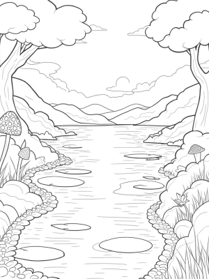 Tranquil Lakeside with Giant Lily Pads and Whimsical Mushrooms