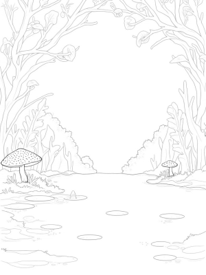 Rainforest Canopy with Lotus Pond and Giant Mushroom