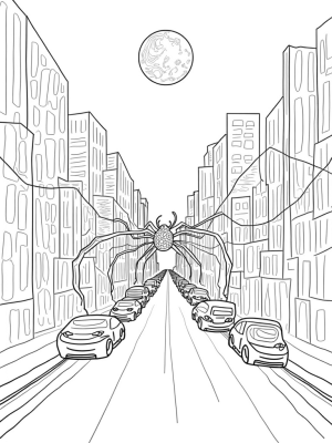 Urban Skyline with Stylized Spider and Full Moon