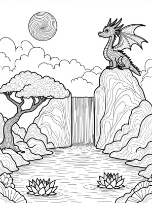 Dragon on a Cloudy Mountain with Waterfalls and Lotus Flowers