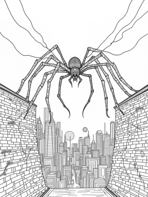 City Skyline with a Giant Spider and Graffiti
