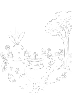 Pastel Eggs and a Carrot Fountain in a Magical Garden