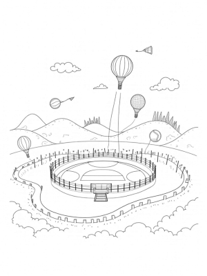 Giant Basketball Arena with Flying Kites and Sport Balls