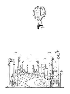 Giant Bus-Shaped Balloon Over a Rainbow Road