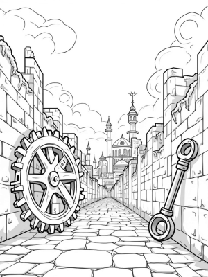 Rustic Cityscape with Giant Gear and Lantern