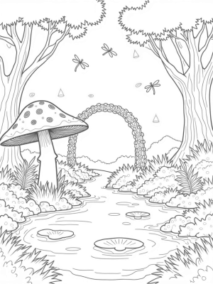 Mystical Forest Clearing with Giant Mushroom and Dragonflies