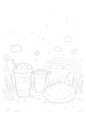 Boba Tea Garden with Colorful Cups and Tapioca Clouds