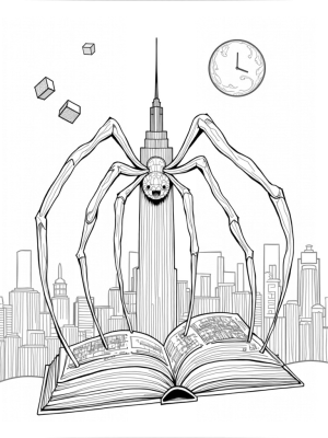 Spider-Shaped Clock Tower in a Dreamy Cityscape
