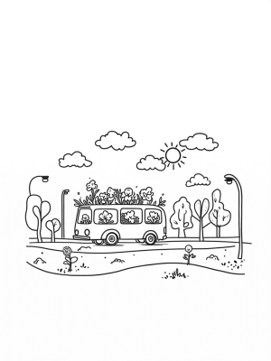 Giant Garden Bus in a Colorful Cityscape