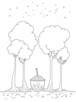 Boba Tea Forest with Colorful Cups and Delicate Flowers