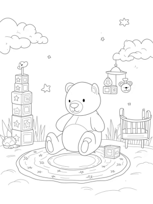 Giant Teddy Bear and Colorful Building Blocks in a Nursery