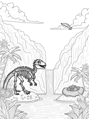 Prehistoric Jungle with Dinosaur Skeleton and Colorful Eggs