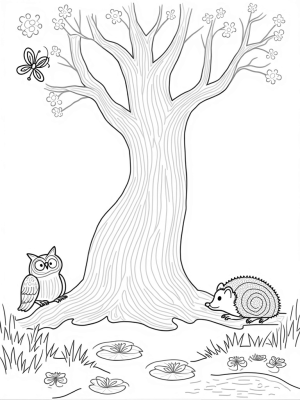 Owl, Hedgehog, and Butterflies in a Spiraling Forest