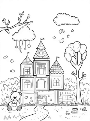 Building Block Castle with Teddy Bear and Toy Cloud